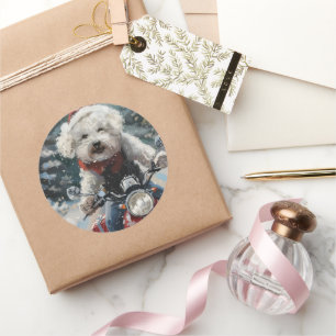 Sticker Rond Bichon Frise Chien équitation Moto Noël
