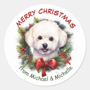 Sticker Rond Bichon Frise Chien Noël Red Bow Wreath