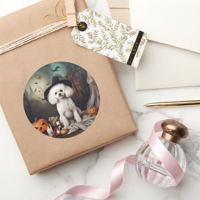 Sticker Rond Bichon Frise Citrouilles Halloween effrayant (Cadeaux)