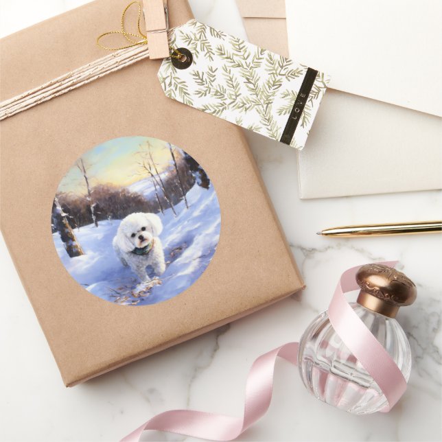 Sticker Rond Bichon Frisé Noël Qu'il neige (Cadeaux)