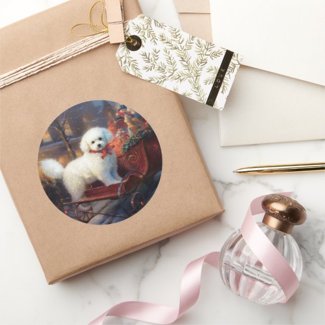 Sticker Rond Bichon frisé période de fêtes de Noël (Cadeaux)