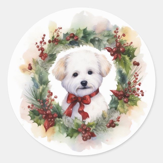Sticker Rond Bichon Frise Wreath Festive Pup (Devant)