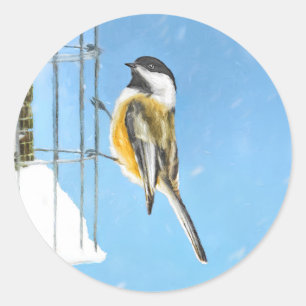 Sticker Rond Bickadee sur la peinture d'alimentation - Oiseaux 