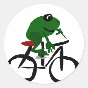 Sticker Rond Bicyclette à équitation de grenouille verte amusan