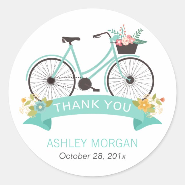 Sticker Rond Bicyclette florale mignonne Pastel Merci vert Mint (Devant)