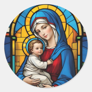 Sticker Rond Bienheureuse Mère Marie et Bébé Jésus - Vierge Mar