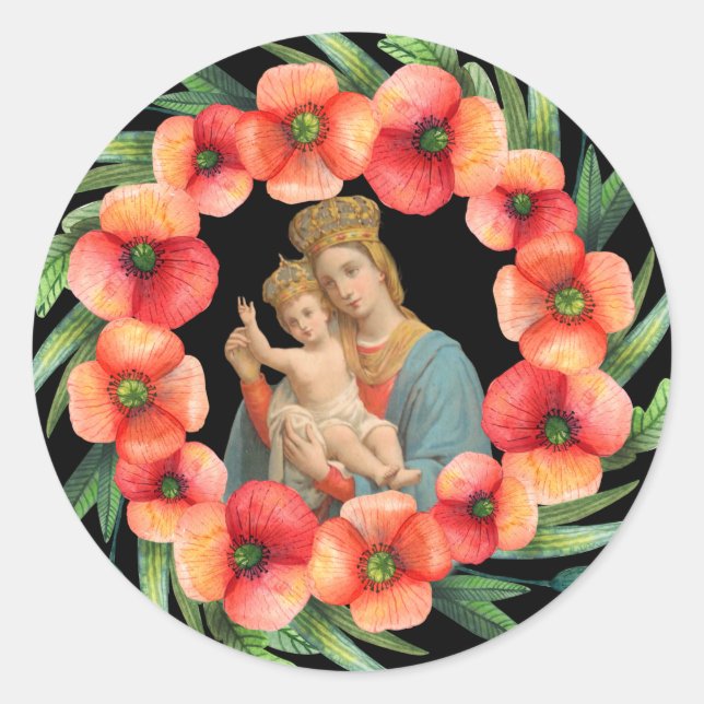 Sticker Rond Bienheureuse Vierge Marie Jésus Fleurs de couronne (Devant)