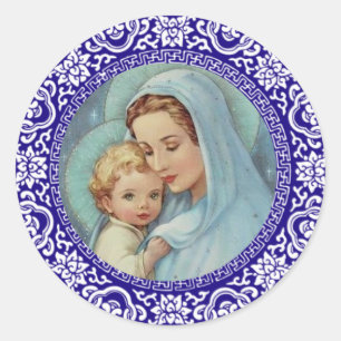 Sticker Rond Bienheureuse Vierge Mère Marie Bébé Jésus Bleu Fro