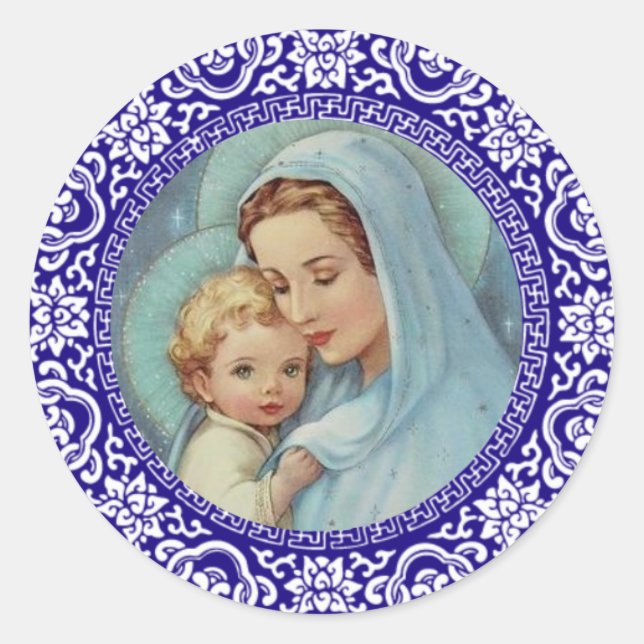 Sticker Rond Bienheureuse Vierge Mère Marie Bébé Jésus Bleu Fro (Devant)