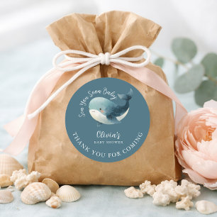 Sticker Rond Bientôt de vous baleine turquoise merci Baby Showe
