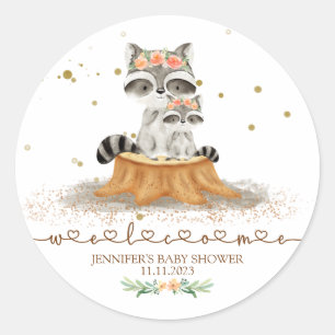 Sticker Rond Bienvenue à la Baby Shower Raton Laveur de la Forê