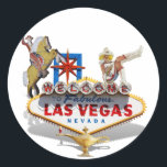 Sticker Rond Bienvenue à Las Vegas<br><div class="desc">Panneau de bienvenue de Las Vegas avec trois icônes célèbres de Las Vegas ! * Les autocollants sont disponibles en plusieurs formes. * Choisissez la taille et utilisez pour des projets DIY, des projets de bricolage et des idées de scrapbooking, pour sceller des enveloppes aussi ! * Redimensionnez le design...</div>