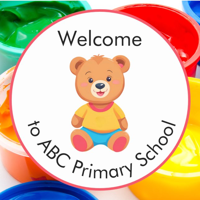 Sticker Rond Bienvenue à l'école primaire Teddy Bear Kids (A welcome to school sticker with cute teddy bear picture and custom text)