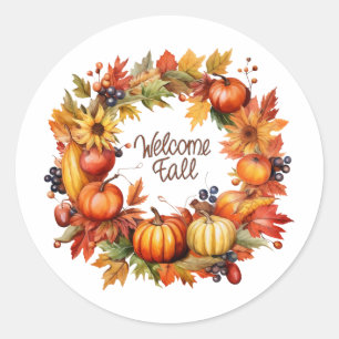 Sticker Rond Bienvenue Automne Coloré Automne Citrouille Wreath