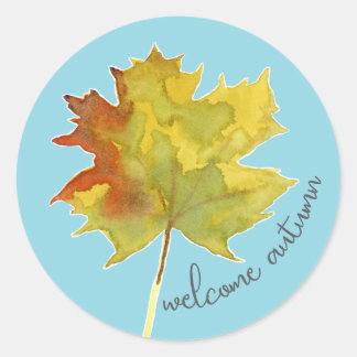 Sticker Rond Bienvenue Feuille d'érable d'automne bleu aquarell