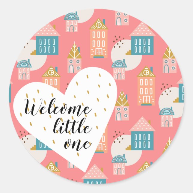 Sticker Rond Bienvenue Little One Boho Baby coeurs maisons Scan (Devant)
