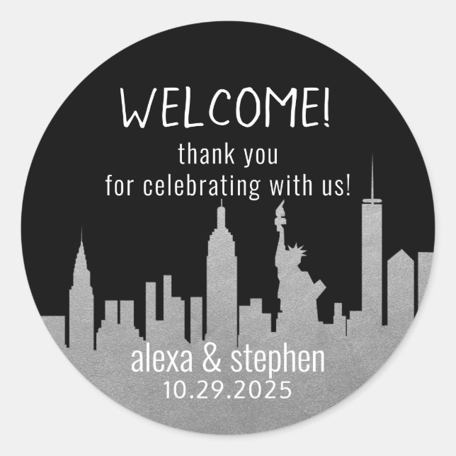 Sticker Rond Bienvenue Mariage New York City NYC Skyline Silver (Devant)