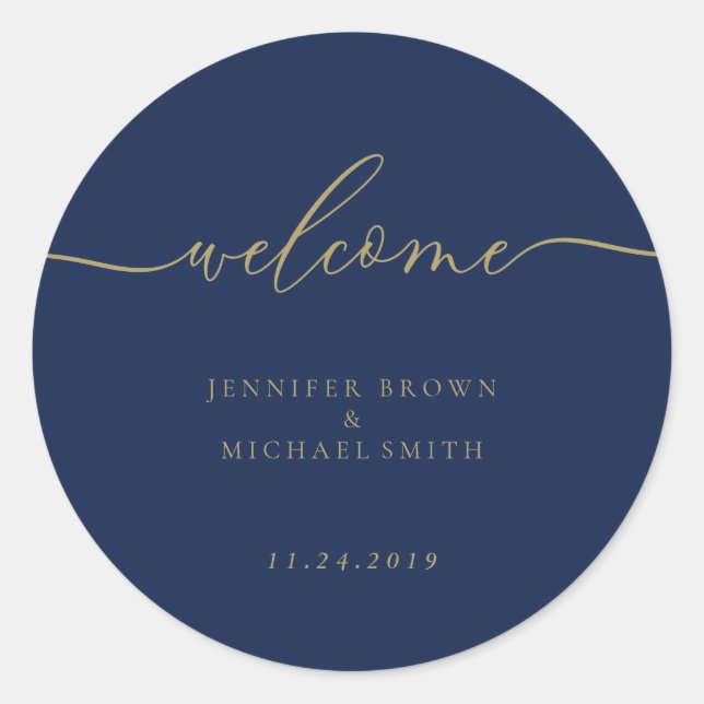 Sticker Rond Bienvenue Simple Mariage Or Navy Script (Devant)