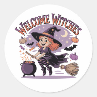 Sticker Rond Bienvenue Sorcières - Jolie Sorcière d'Halloween