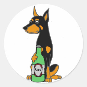 Sticker Rond Bière potable de dobermann de chien drôle de