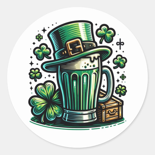 Sticker Rond Bière verte et Casquette Leprechaun (Devant)
