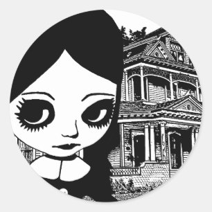 Sticker Rond Big eye Goth girl Haunted house Original art 