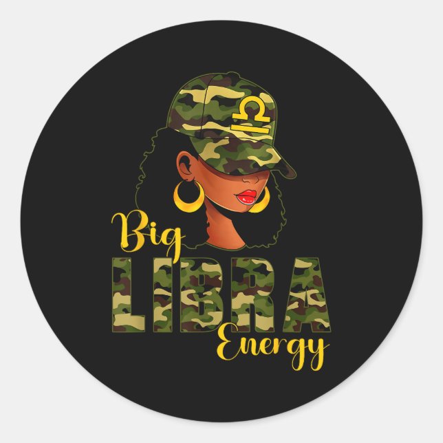 Sticker Rond Big Libra Energy Camouflage Black Woman Cap Zodiac (Devant)