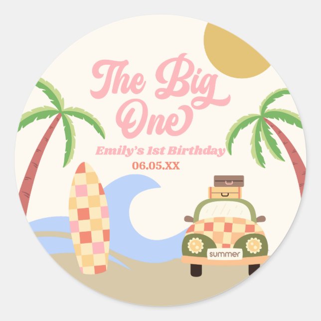 Sticker Rond Big One Beach Surf rose 1er anniversaire (Devant)