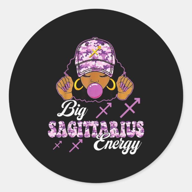 Sticker Rond Big Sagittarius Energy Afro Girl With Purple Camou (Devant)