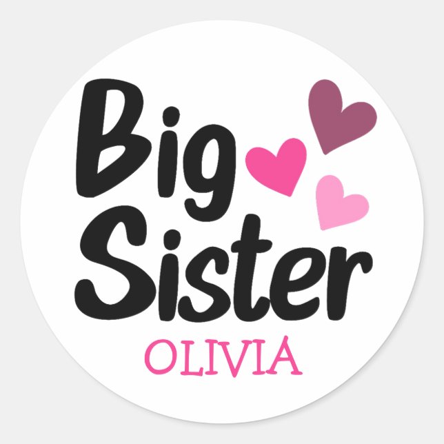 Sticker Rond Big Sister Nom personnalisé avec coeur rose (Devant)