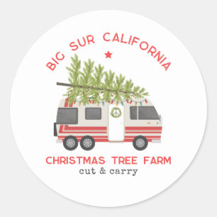 Sticker Rond Big Sur Christmas Tree Farm Camping Vintage RV