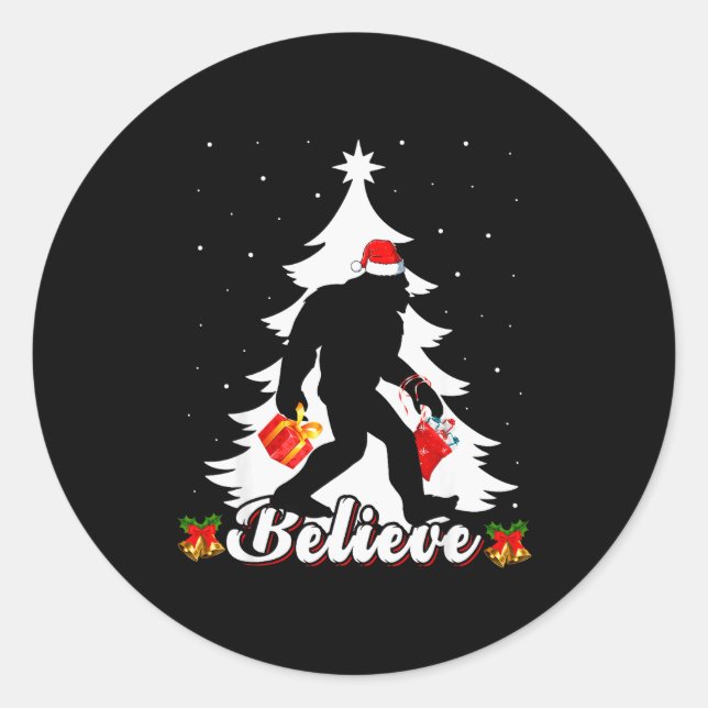 Sticker Rond Bigfoot Believe Christmas Tree Funny Santa Sasquat (Devant)