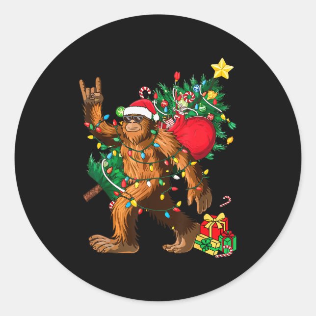 Sticker Rond Bigfoot Christmas Tree Lights Xmas Boys Men Sasqua (Devant)