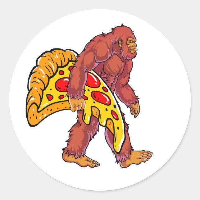 Sticker Rond Bigfoot drôle marcher avec grande tranche de pizza (Devant)