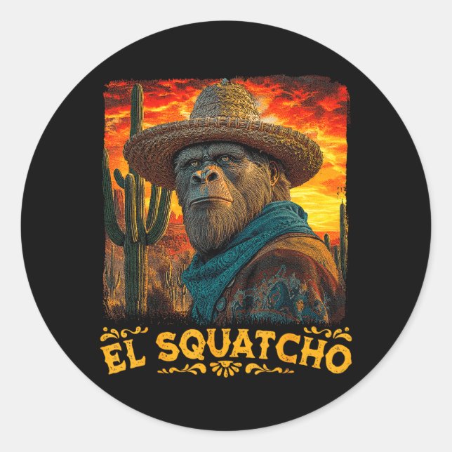 Sticker Rond Bigfoot El Squatcho Sasquatch Mexicain Cinco de (Devant)