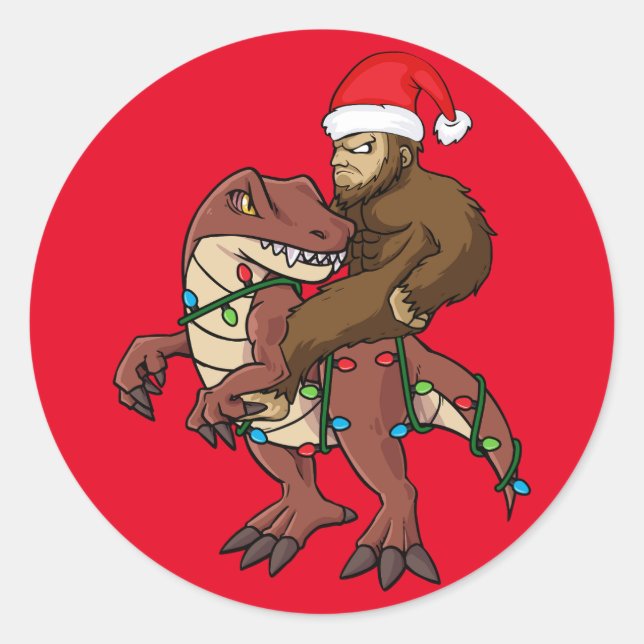 Sticker Rond Bigfoot équitation Dinosaur lumières de Noël (Devant)