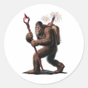 Sticker Rond Bigfoot Feu d'artifice 4 juillet Drapeau Usa Sasqu