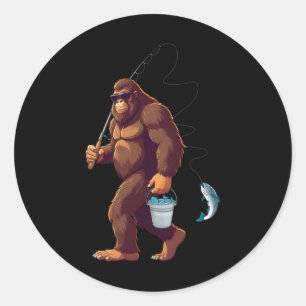 Sticker Rond Bigfoot Fishing Funny Retro Sasquatch Fisherman Da