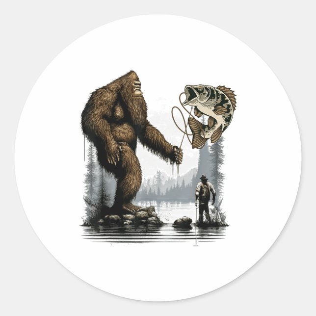 Sticker Rond Bigfoot Fishing Funny Sasquatch Fi-shirt  (Devant)
