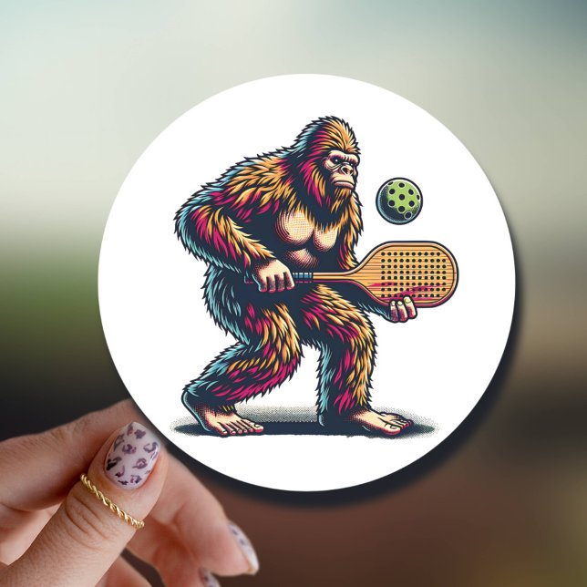 Sticker Rond Bigfoot Jouer Pickleball Drôle Cartoon (Créateur téléchargé)