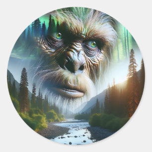 Sticker Rond Bigfoot, montagnes, rivière et forêt