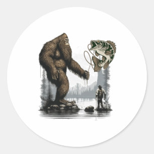 Sticker Rond Bigfoot pêche drôle Sasquatch Fish 1