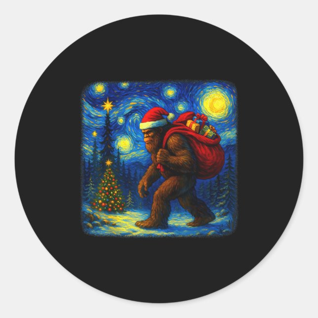 Sticker Rond Bigfoot Santa Christmas Starry Night Sasquatch Van (Devant)