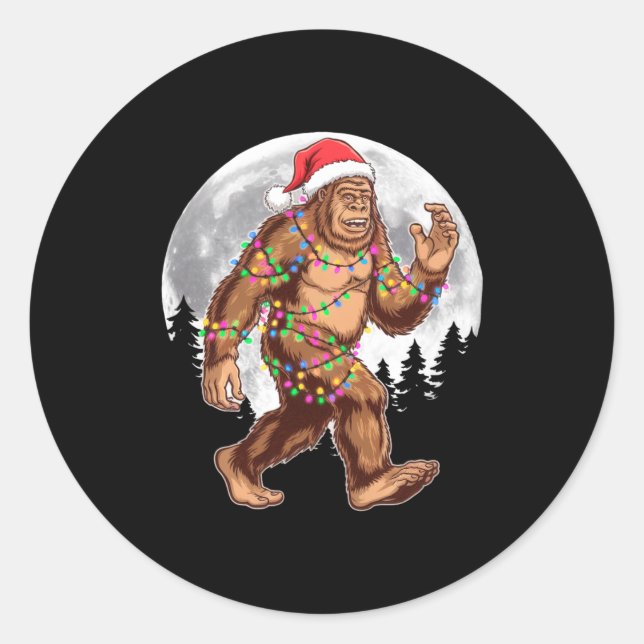 Sticker Rond Bigfoot Santa Christmas Tree Lights Xmas Sasquatch (Devant)