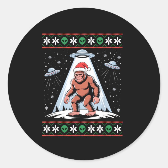 Sticker Rond Bigfoot Santa Ufo Alien Funny Ugly Christmas Sweat (Devant)