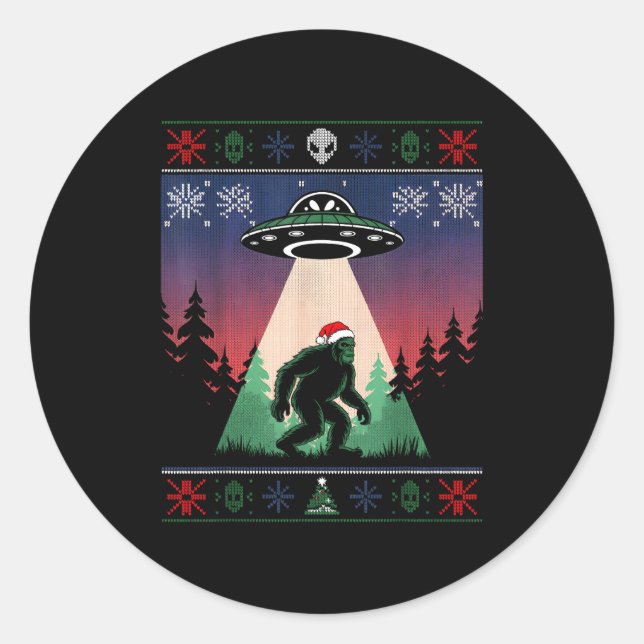 Sticker Rond Bigfoot Santa Ufo Alien Funny Ugly Christmas Sweat (Devant)
