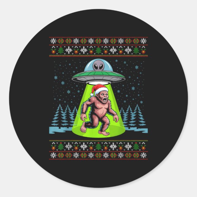 Sticker Rond Bigfoot Santa Ufo Sasquatch Funny Ugly Christmas S (Devant)