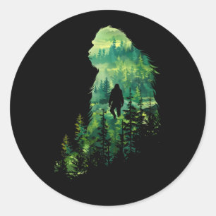 Sticker Rond Bigfoot Sasquatch Entouré De Minimalistes Forestie