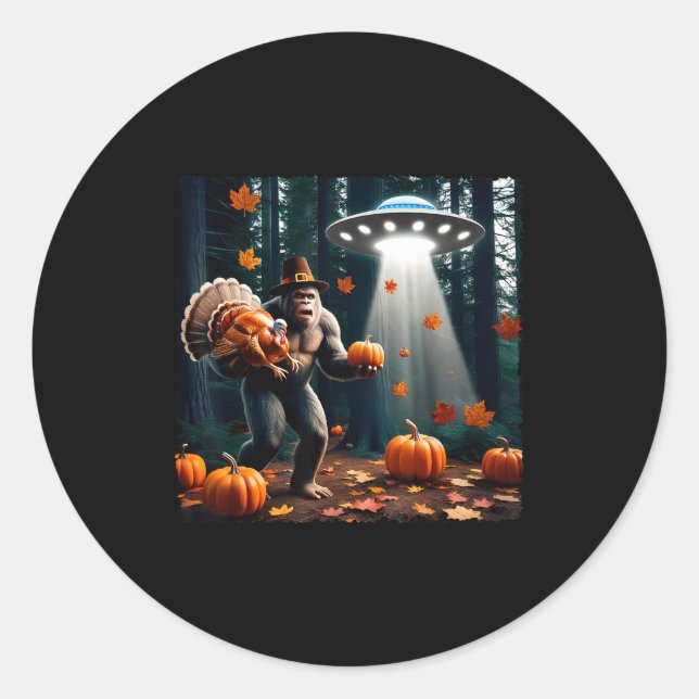 Sticker Rond Bigfoot Sasquatch Turkey Ufos Funny Thanksgiving D (Devant)
