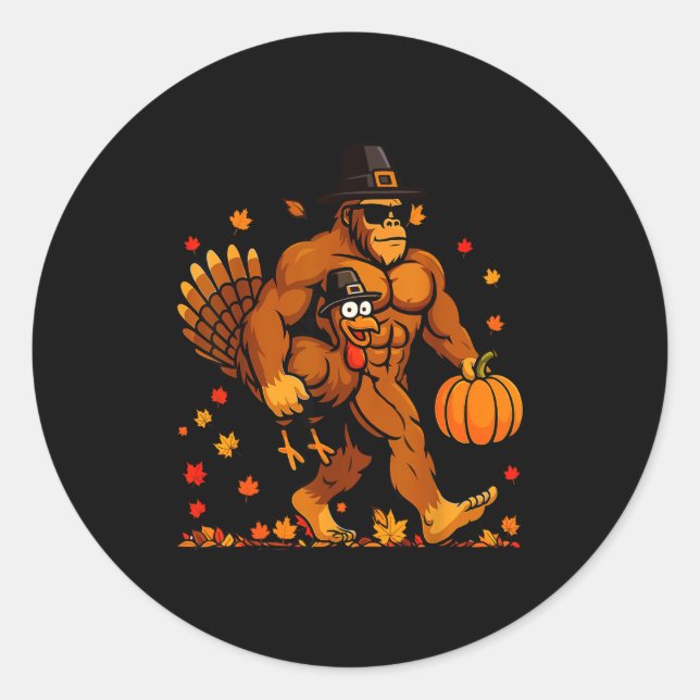 Sticker Rond Bigfoot Thanksgiving Turkey Funny Thanksgiving Sas (Devant)
